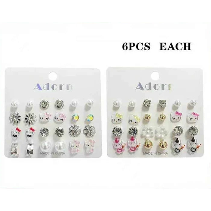 12-Pair Kids Cute Cartoon Kitty & Flower Stud Earring Set – Faux Pearl, Rhinestone & Enamel Earrings for Girls (LER37)