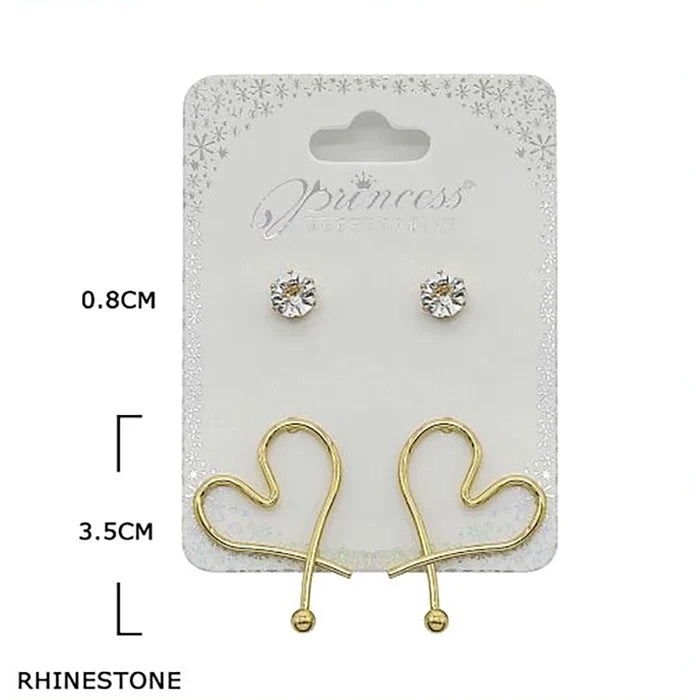 2-Pair Heart Wire Dangle & Rhinestone Stud Earrings Set – Gold & Silver Tone Fashion Jewelry Set for Women (EF-2110GS)