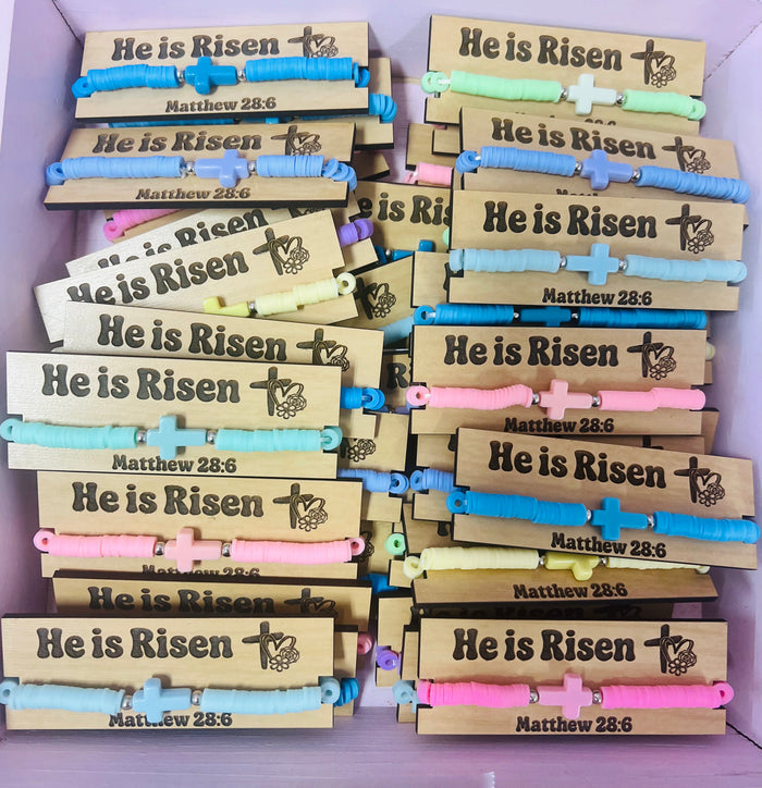 He Is Risen Cross Stretch Bracelet Wood Scripture Card