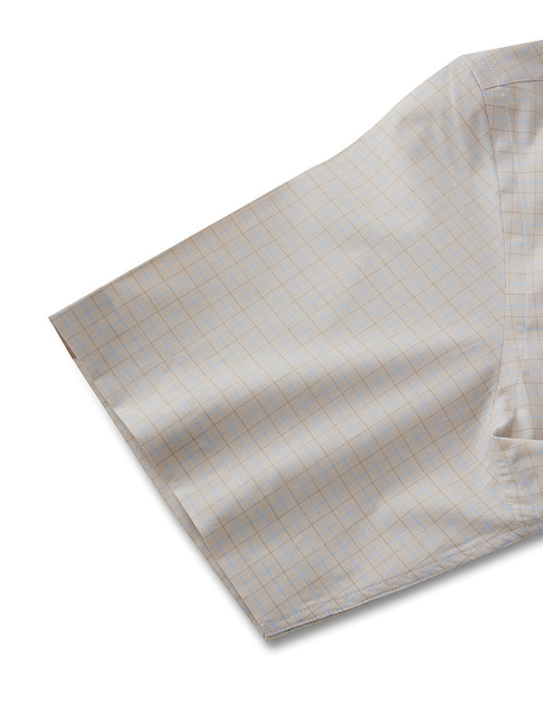 Barboni Beige Check Half Sleeve Classic Fit Classic Formal Egyptian Giza Silk Touch Cotton Shirt