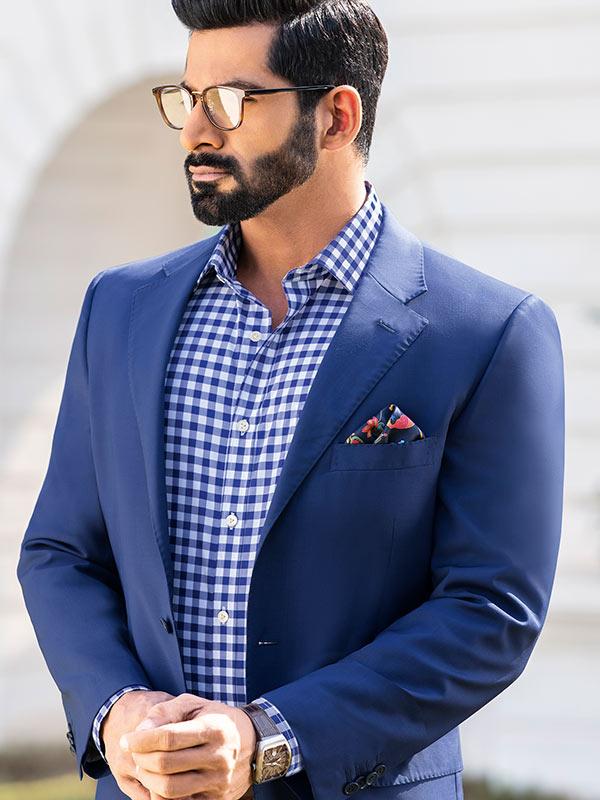 Barboni Blue Check Full Sleeve Single Cuff Tailored Fit Classic Formal Silk Touch Egyptian Giza Cotton Shirt