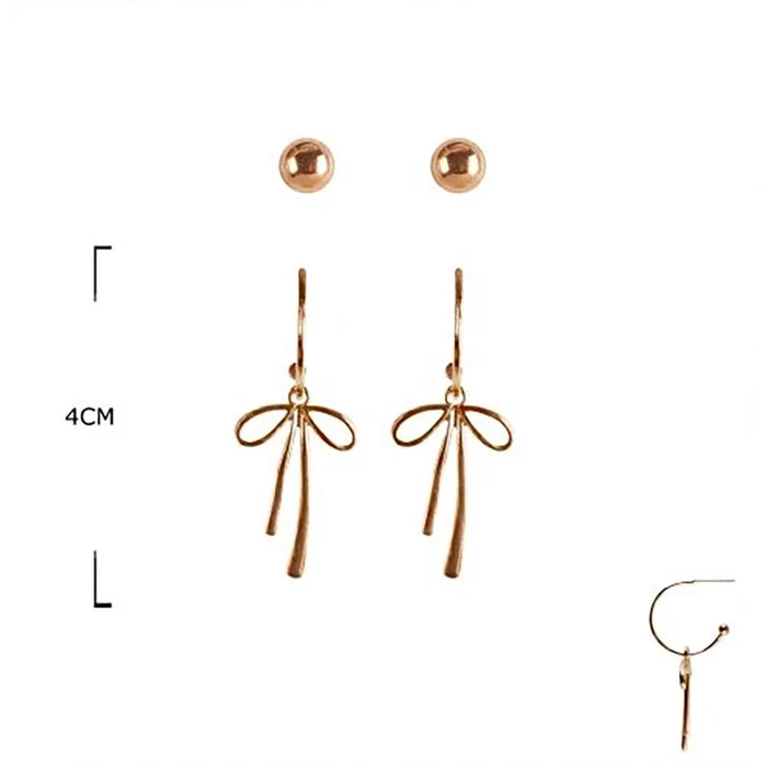 Bow Dangle Drop Earrings Set with Studs – Gold & Silver Tone Ribbon Earrings Set (EF-2125GS)