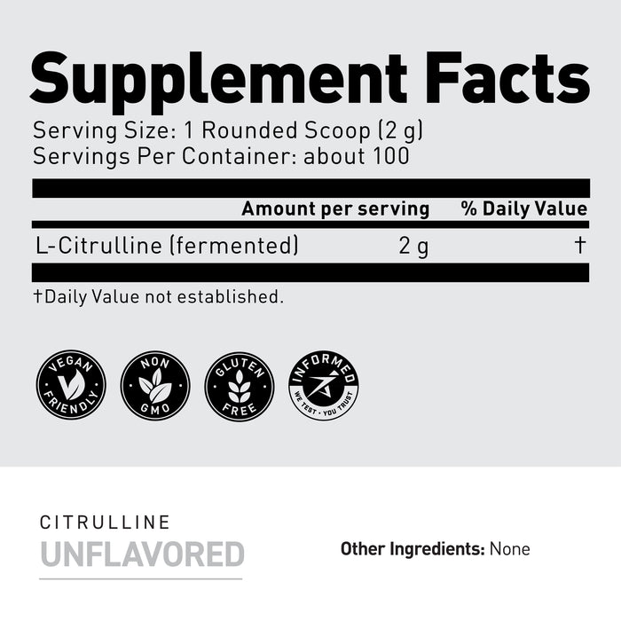 Nutrition facts panel showing serving size 1 rounded scoop (2 g), about 100 servings, L-Citrulline 2 g per serving