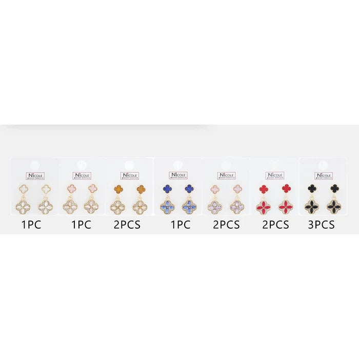Clover Drop Post Earrings - Crystal & Enamel Flower Dangle Earrings (12-Pair Dozen Pack) | CR4135