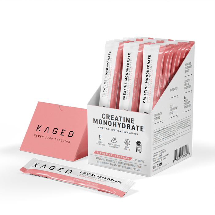 Three-quarter view of Creatine Monohydrate 25ct stick box showcasing rows of strawberry lemonade single-serve stick packets on a black background #flavor_strawberry lemonade