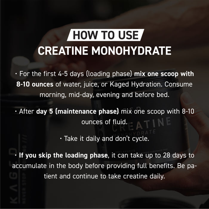 How-to banner showing creatine monohydrate dosing: loading 1 scoop 4–5 days (4x/day) with 8–10 oz; maintenance 1 scoop daily