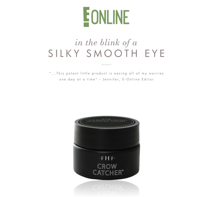Black jar container of Crow Catcher® Eye Transforming Serum | Farmhouse Fresh displayed below testimonial text highlighting its silky smooth eye effect and gentle skincare benefits.