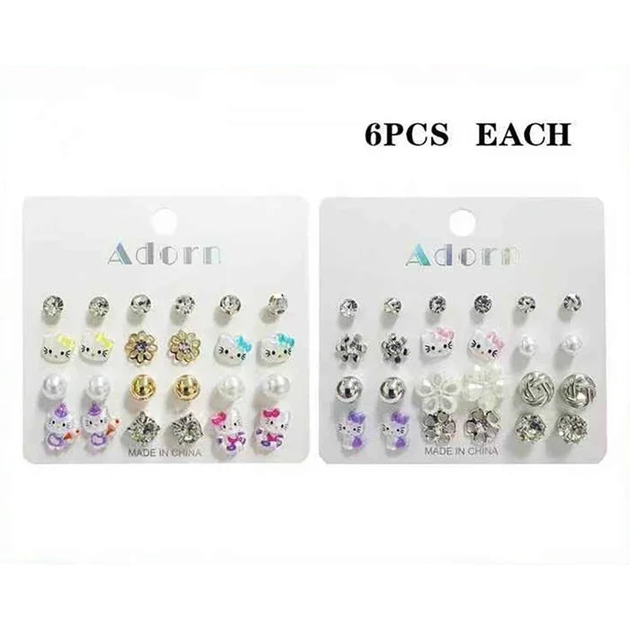 Cute Character Kids Stud Earrings Set (12 Pairs) – Hypoallergenic Mixed Sparkle Rhinestone, Pearl & Cute Cat Earrings for Girls (LER40)