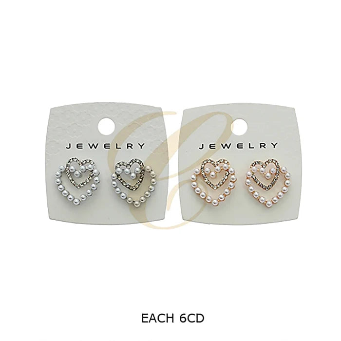 Double Heart Pearl Stud Earrings for Women – Rhinestone Crystal & Faux Pearl Layered Open Heart Statement Earrings (2.5 cm) (RER-3305GS)