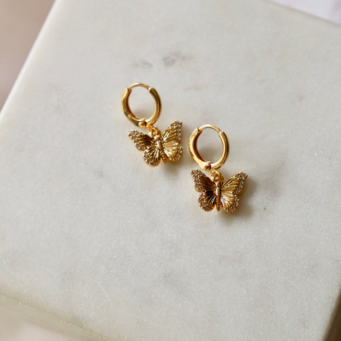 E1428G Gold Earrings-Butterfly Huggie Hoops
