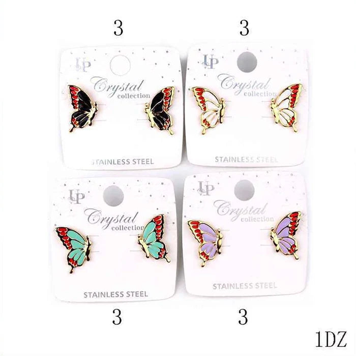 Enamel Butterfly Earrings, Gold Butterfly Studs, Hypoallergenic Stainless Steel Earrings, Vibrant Summer Wings Jewelry, Gift for Her (IER-1070)