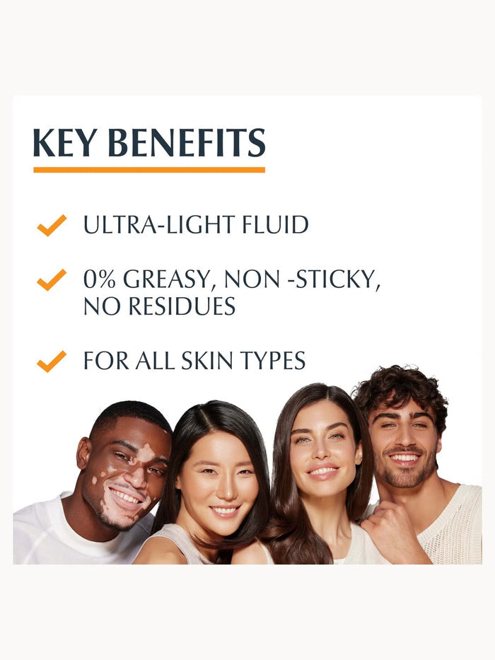 Eucerin Sun Face Hydro Protect Ultra Light Fluid SPF50 suncreen in 50ml bottle, lightweight and hydrating facial sun protection
