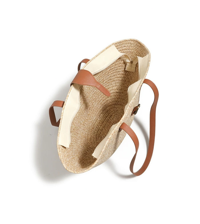 Grace Beauty French style straw market tote bag with woven straw design and leather handles, perfect for summer outings.