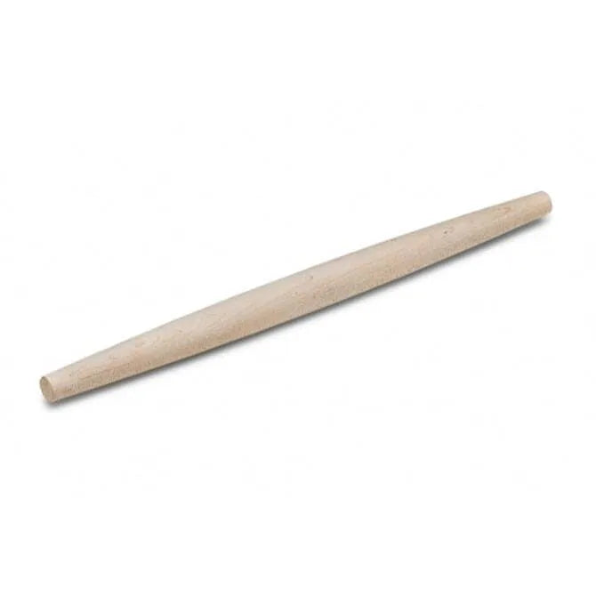 A beige, tapered French rolling pin made of wood, displayed on a white background.