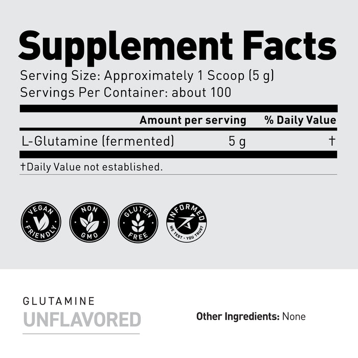 Supplement facts showing serving size approx 1 scoop (5 g), 100 servings, L-Glutamine 5 g per serving, certification icons