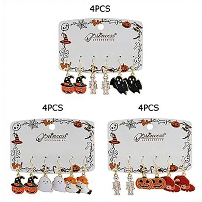 Halloween Dangle Earrings Set (3 Pairs) – Enamel Jack-o'-Lanterns, Skeletons, Ghosts & Witch Hats Festive Jewelry (HWE-1080)