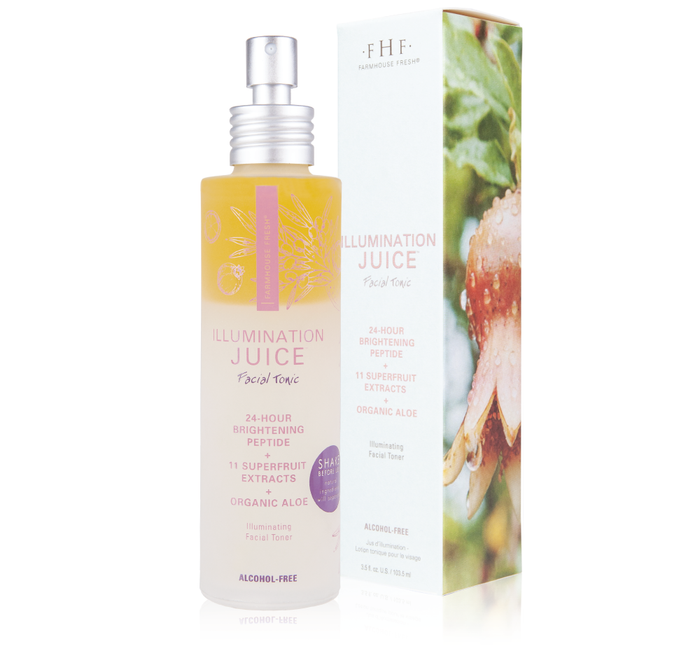 Clear bottle of Illumination Juice® Facial Tonic – Illuminating Facial Toner | Farmhouse Fresh with spray nozzle, featuring 24-hour brightening peptide, superfruit extracts, and organic aloe beside its box.