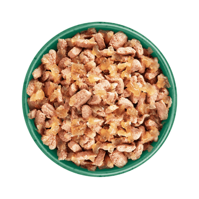 White background with a green bowl pictured filled with wet senior cat food.