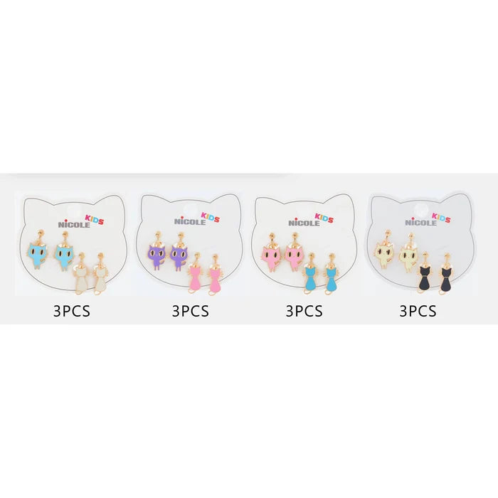 Kids Cat Dangling Clip-On Earrings Set (2 Pairs) – Cute Enamel Kitten Jewelry for Girls (CR4350)