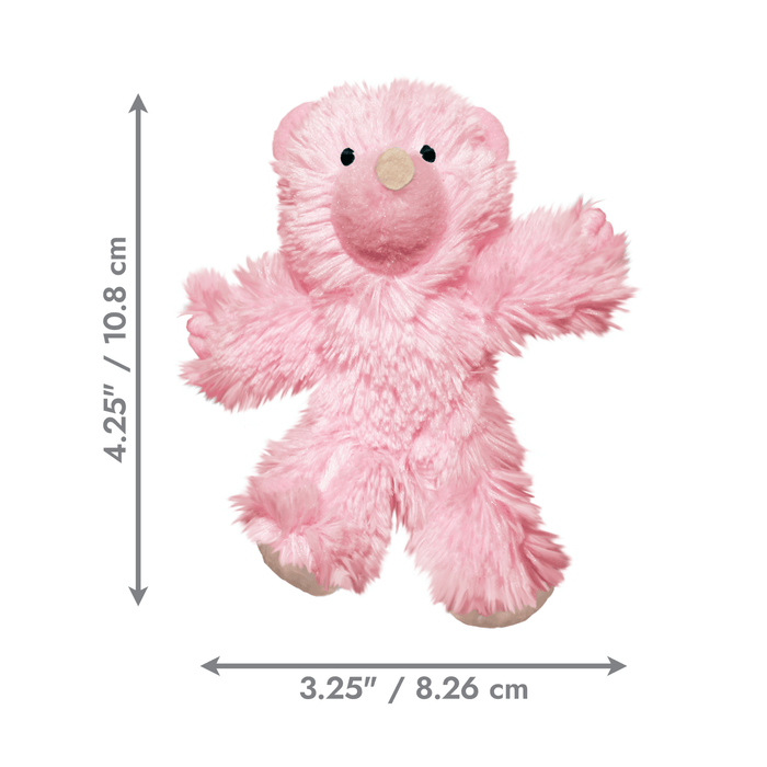 Fluffy pink teddy bear cat toy with stitched eye details and beige nose pictured on a white background with measurements 4.25" on the left, 3.25" underneath.