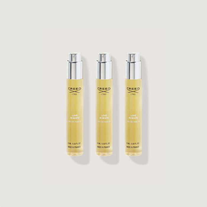 3x10ml Love In White Eau de Parfum Atomiser Refill Set - Flat Lay | Creed Fragrances
