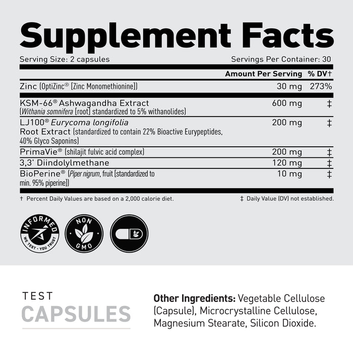 Supplement facts label showing serving size 2 capsules and key ingredients: Zinc 30 mg (273% DV) and KSM‑66 ashwagandha 600 mg