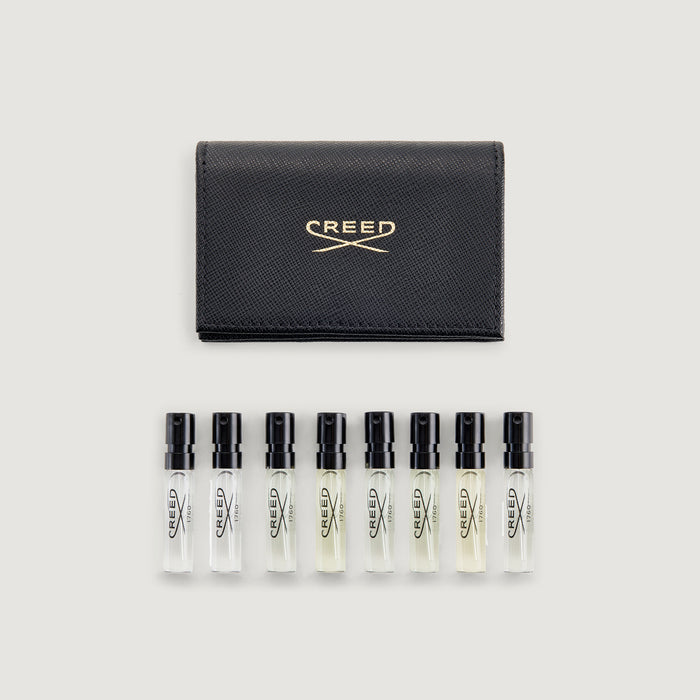 Black Saffiano Leather Sample Wallet with 8 Men's Fragrance Vials - Flat Lay | Creed Fragrances