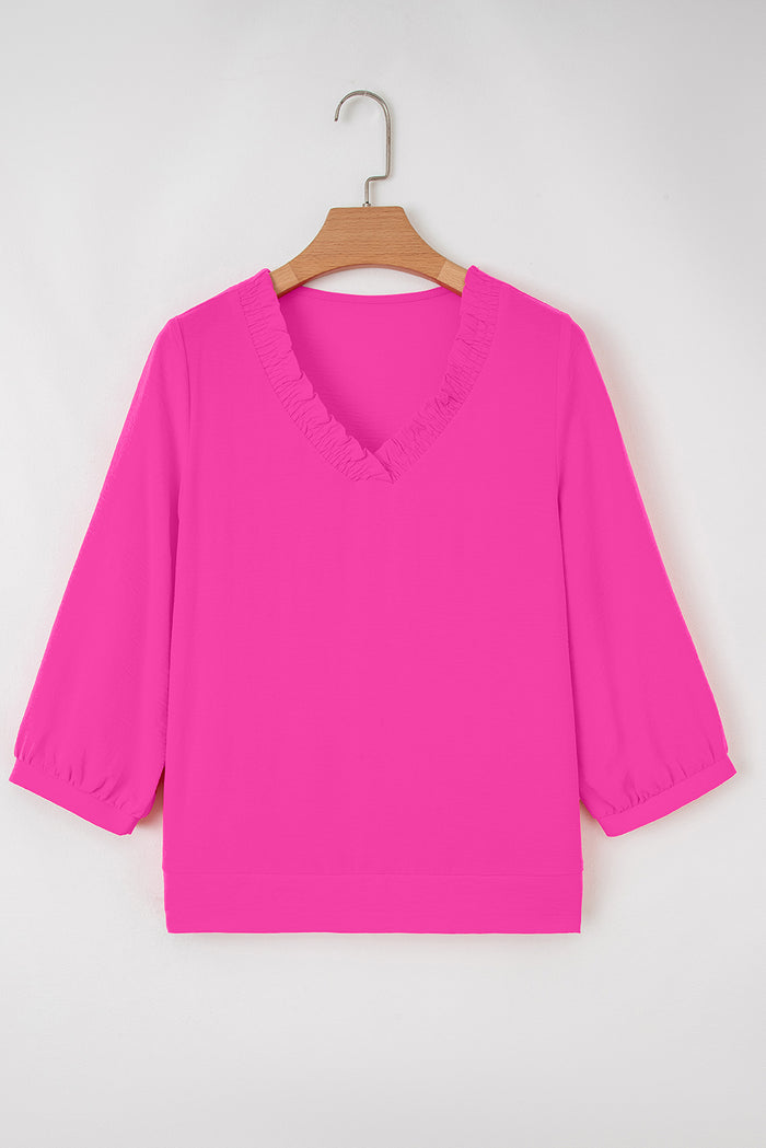 Moonlight Jade Frilled V Neckline Bracelet Sleeve Crinkled Blouse