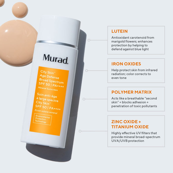 Murad City Skin Age Defense Sunscreen Broad Spectrum SPF 50 PA++++ in 50ml bottle, showing the sleek packaging and product label.