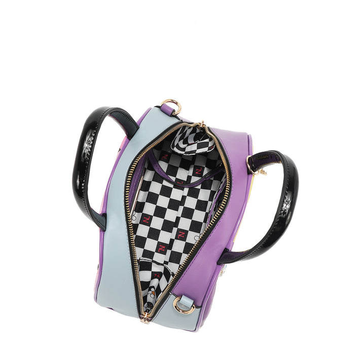 A VIEW FROM ABOVE ON OUR NAIL POLISH MINI DOME BAG EXCLUSIVE CHECKER PRINT INTERIOR LINING IN POLYESTER.