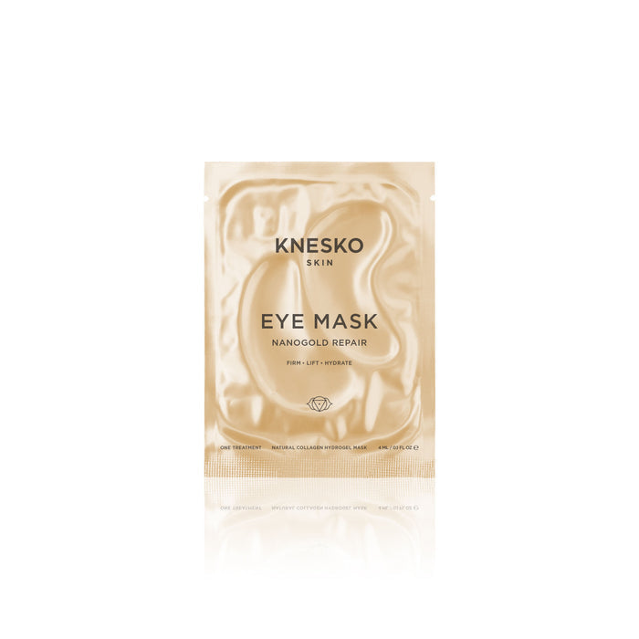 Packaging of Nanogold Repair Eye Mask - Single | Knesko in a gold foil sachet designed for skincare, emphasizing firming, lifting, and hydration benefits.