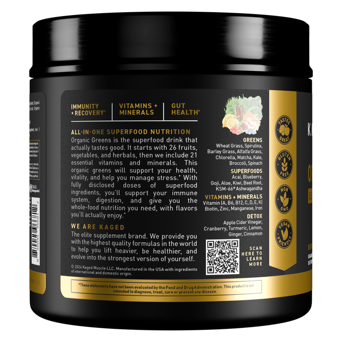 Rear label close-up of Organic Greens Elite showing 'Immunity + Recovery', 'Vitamins + Minerals', 'Gut Health' and certification icons