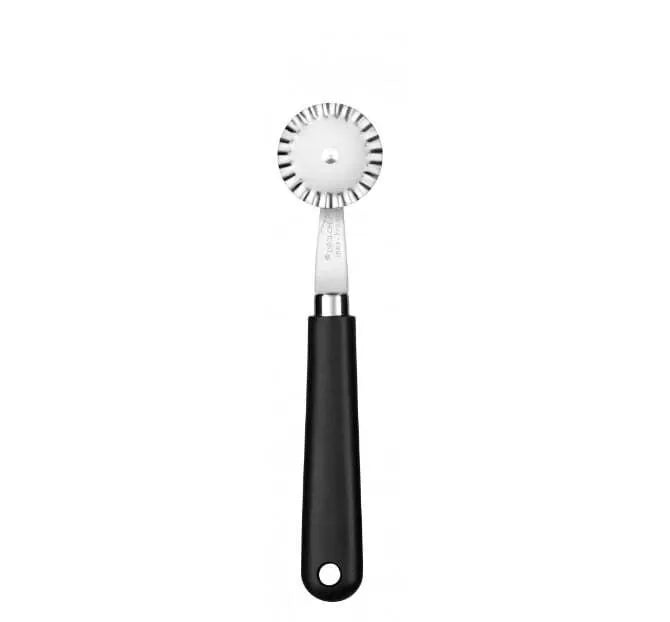 A stainless steel pastry wheel with a fluted blade and a black handle.