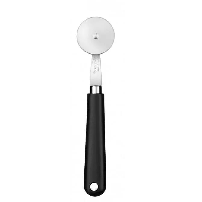 A stainless steel pastry wheel with a plain design and a black handle.
