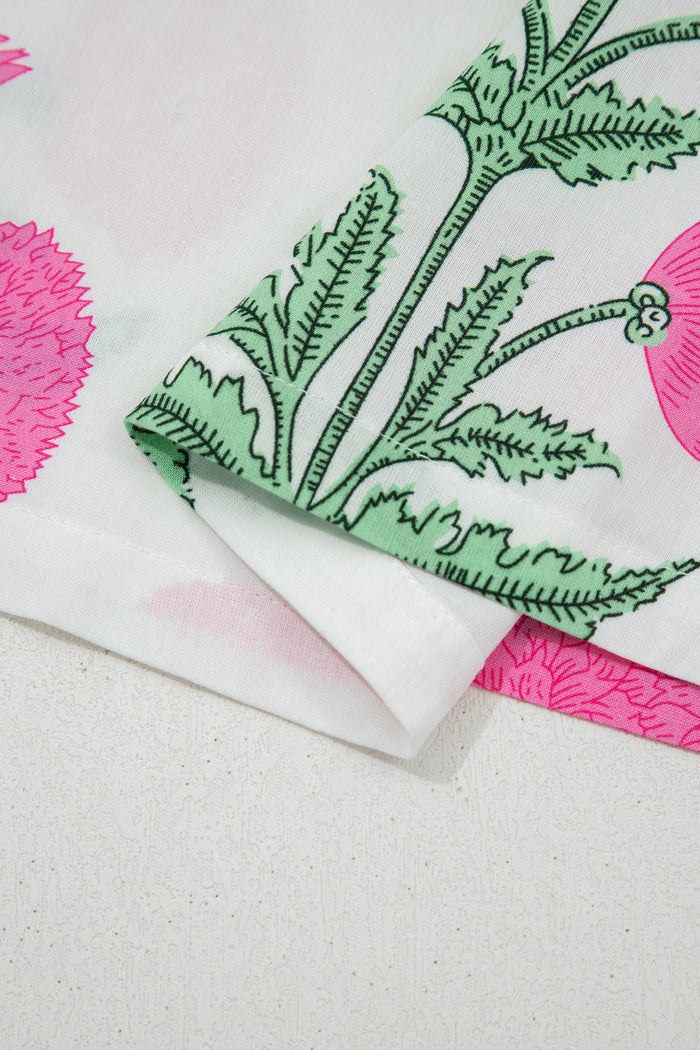 Pink Wild Flower Print Contrast Trim Scallop Detail Short Sleeve Blouse