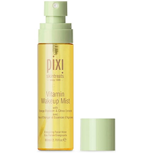 Pixi Vitamin Wakeup Mist 80ml bottle with clear spray nozzle, designed to refresh and hydrate skin during beauty routine.