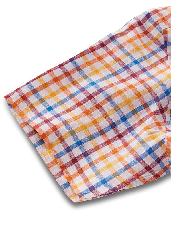 Positano Orange Check Half Sleeve Classic Fit Semi Formal French Flax Linen Shirt