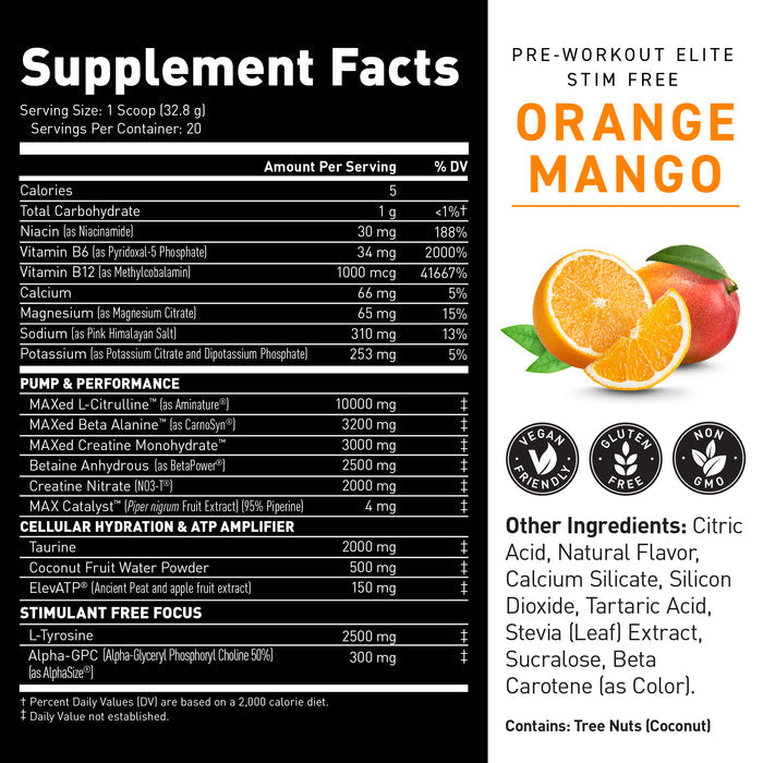 Supplement Facts for Pre‑Workout Elite Stim‑Free Orange Mango listing serving size 1 scoop and key ingredient amounts including L‑citrulline 10,000 mg, beta‑alanine 3,200 mg, creatine monohydrate 3,000 mg #flavor_orange mango