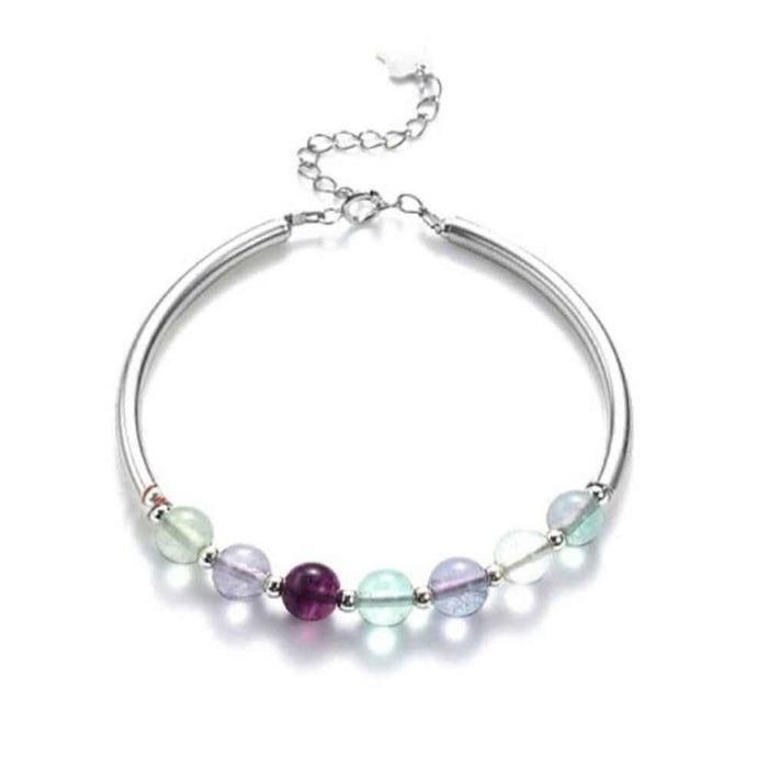 Rainbow fluorite and silver tube bracelet, adjustable, 6mm natural stone beads