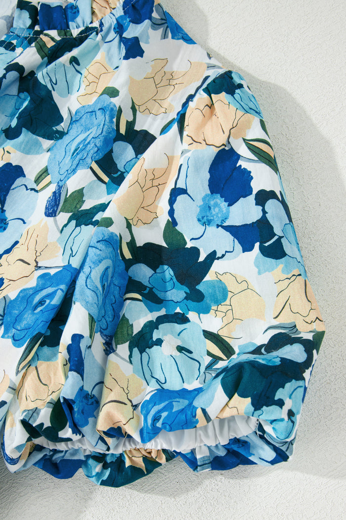 Sky Blue Floral Print Short Puff Sleeve V Neck Blouse