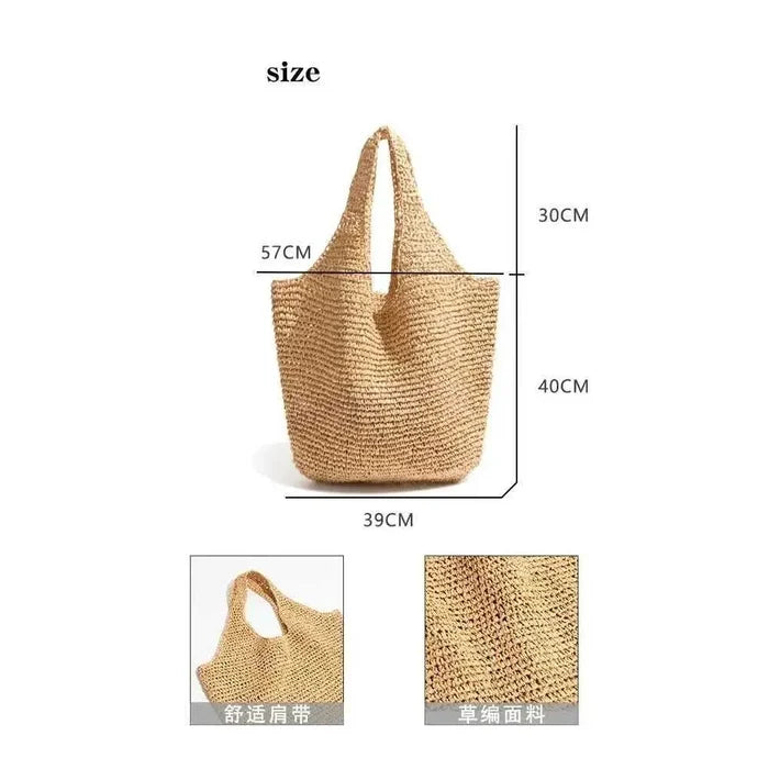 Grace Beauty slouchy raffia tote bag with straw handles, perfect as a casual beach or summer handbag.