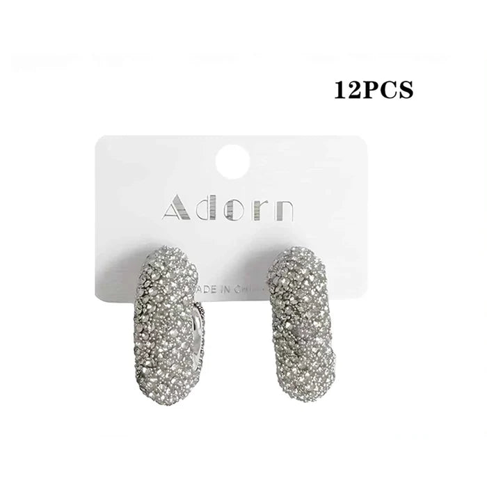 Sparkling Silver Crystal Pavé Thick Hoop Earrings – 2.5cm Statement Rhinestone Huggie Hoops (12pc) (LER45C)