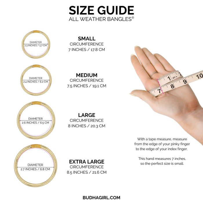 Size guide for All Weather Bangles® showing measurements for small, medium, large, and extra large options.