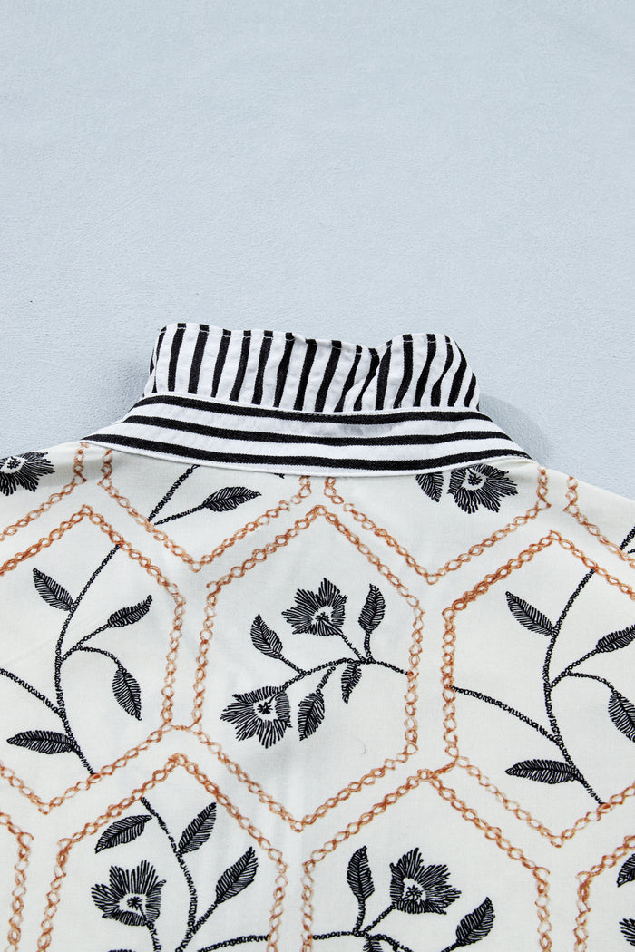 White Floral Print Striped Patchwork Button Neck Short Sleeve Blouse