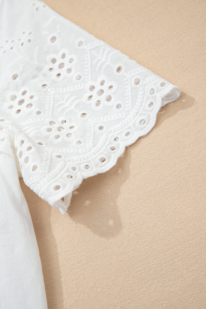White Flower Eyelet Embroidered Patchwork Sheer Short Sleeve Shirt