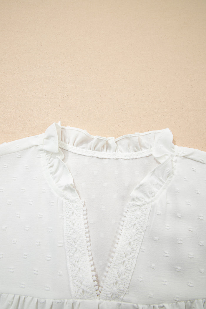 White Plus Size Swiss Dot Ruffle Lace Trim V Neck Tank Top