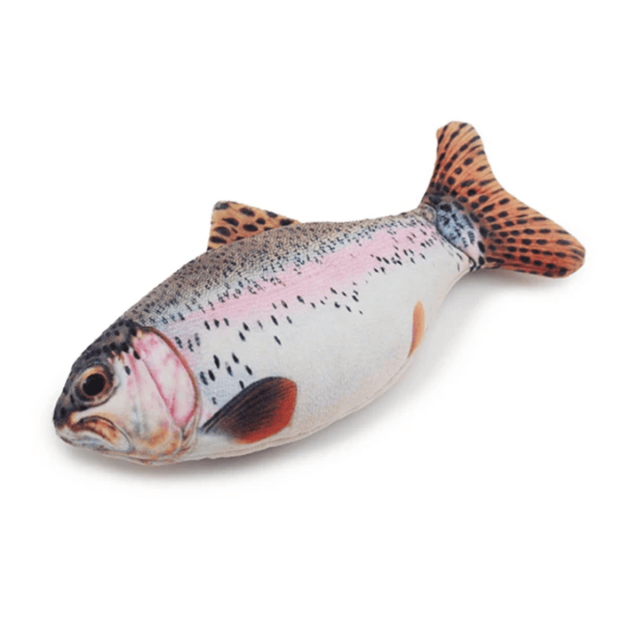 Realistic trout fish cat toy pictured on a white background.