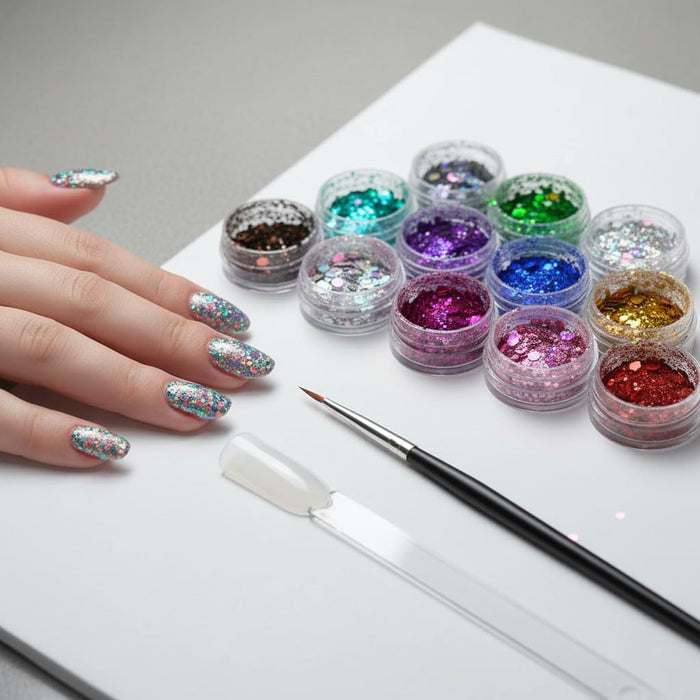 Nail art glitter pots with a brush on a white surface