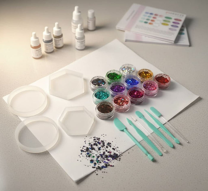 Art supplies including dyes, glitter pots, and epoxy resin molds on a table