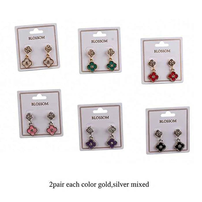 12-Pair Four-Leaf Clover Dangle Earrings Set – Rhinestone Floral Drop Earrings in Gold & Silver Finish (Mixed Colors) (IER-6183)